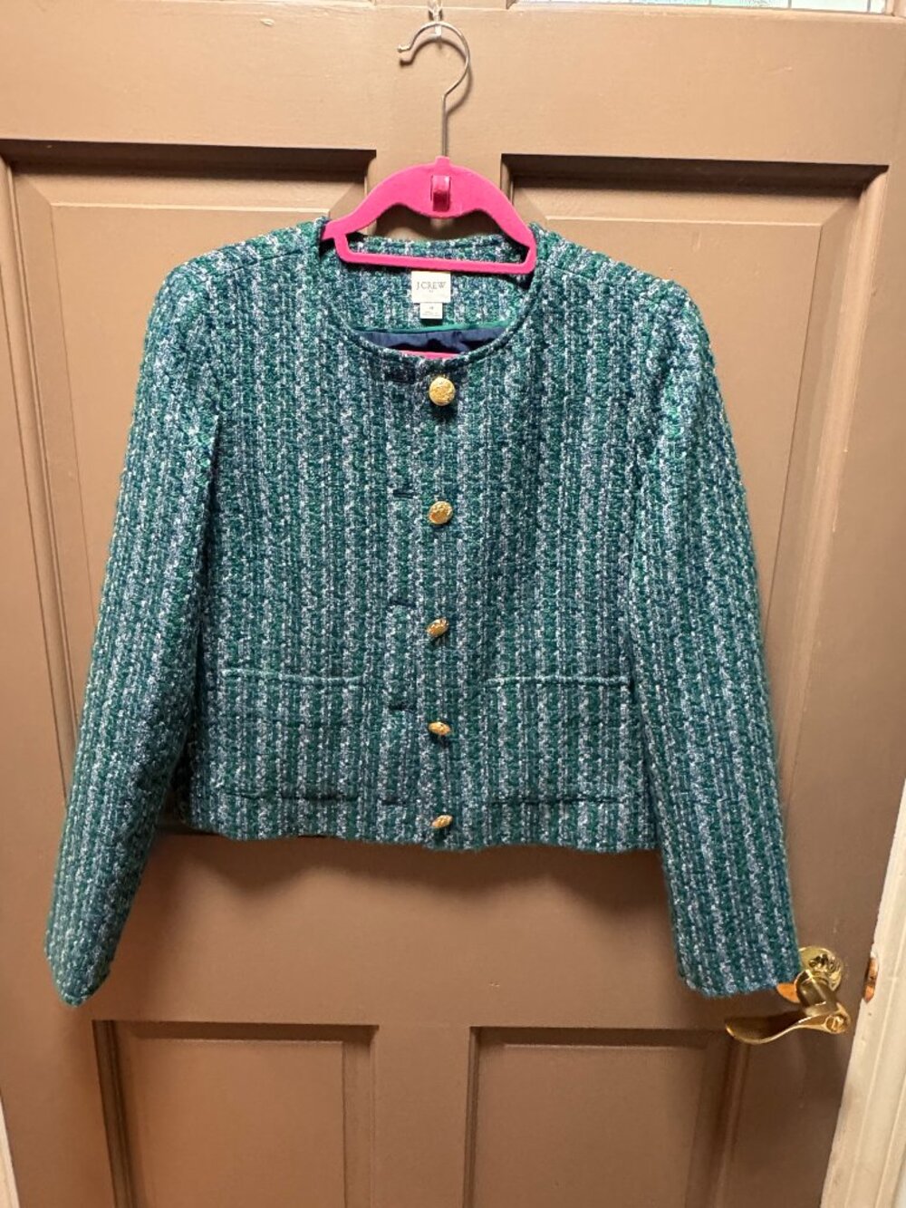 J.Crew Green Blue Textured Collarless Jacket Size 4